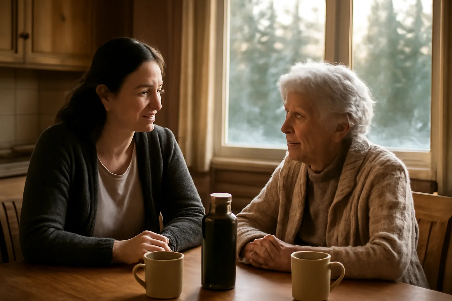 Caregiver and elderly woman at kitchen table in Alaska home, respite care