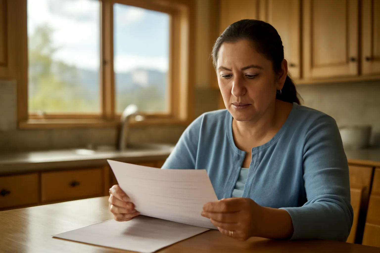 Caregiver reviewing respite provider renewal paperwork at a Colorado home kitchen table