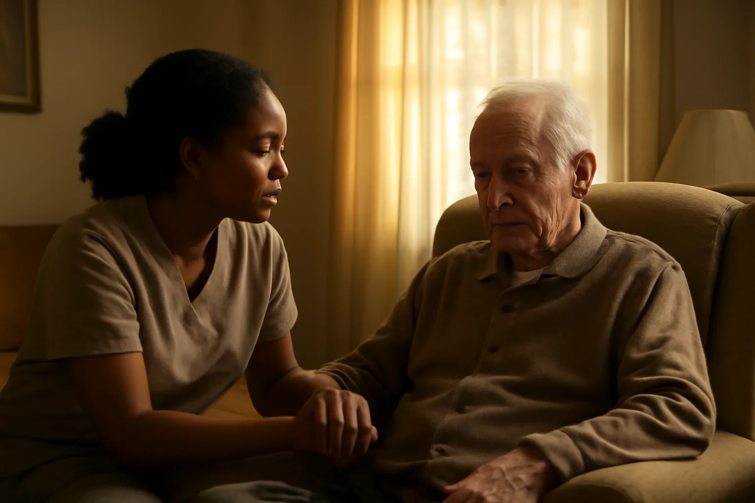 Caregiver holding an elderly person's hand in an Alabama home living room