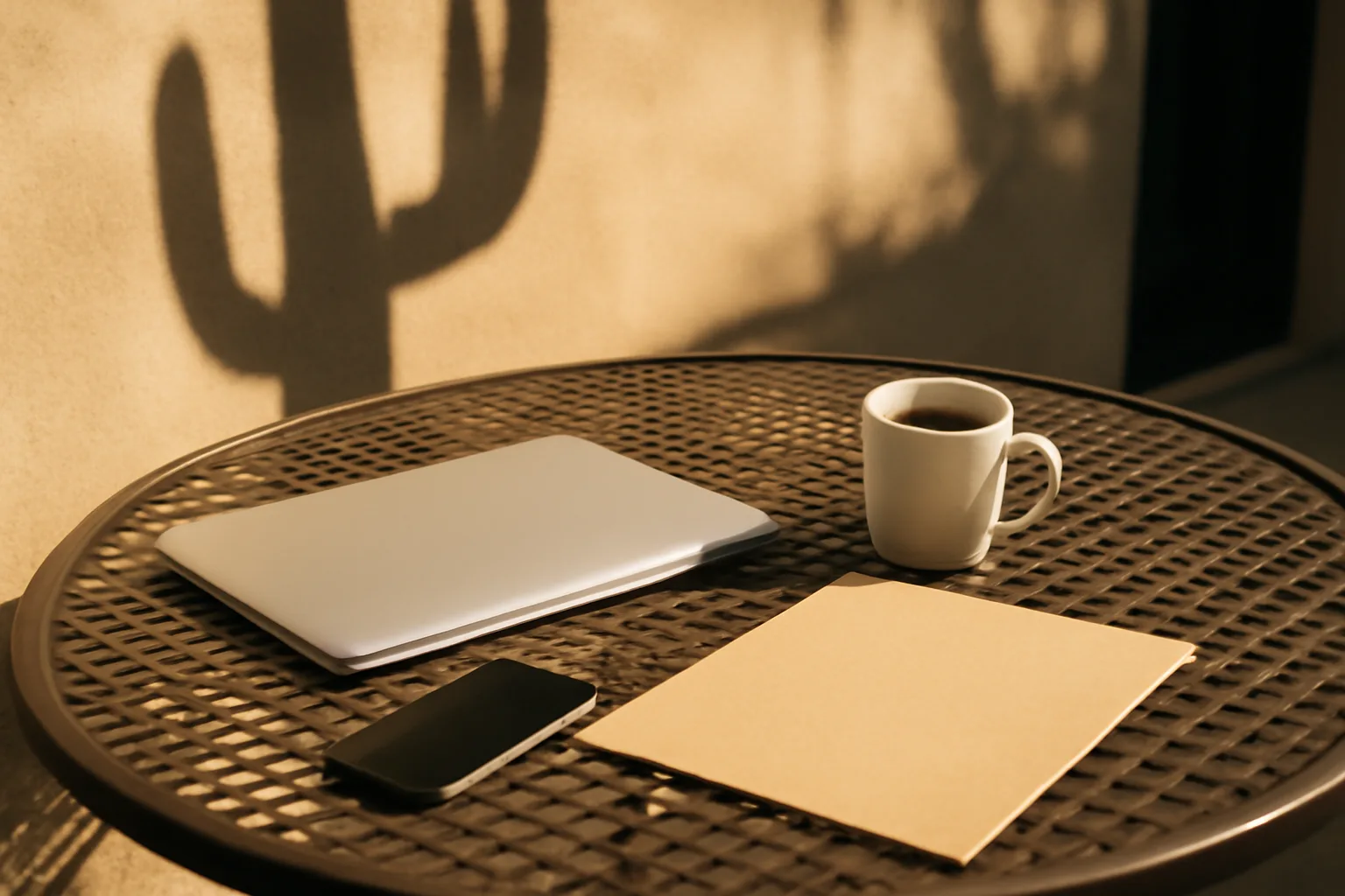 Closed laptop, blank folder, and coffee on a sunlit Arizona patio.