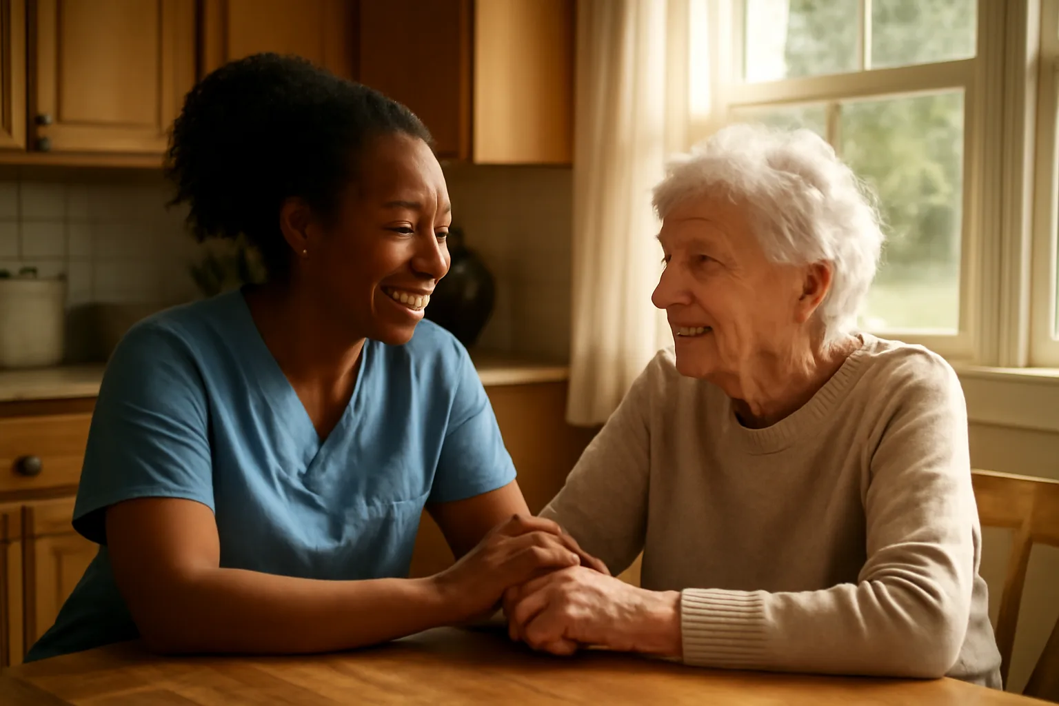 Caregiver and older adult at a sunlit kitchen table in a Connecticut home