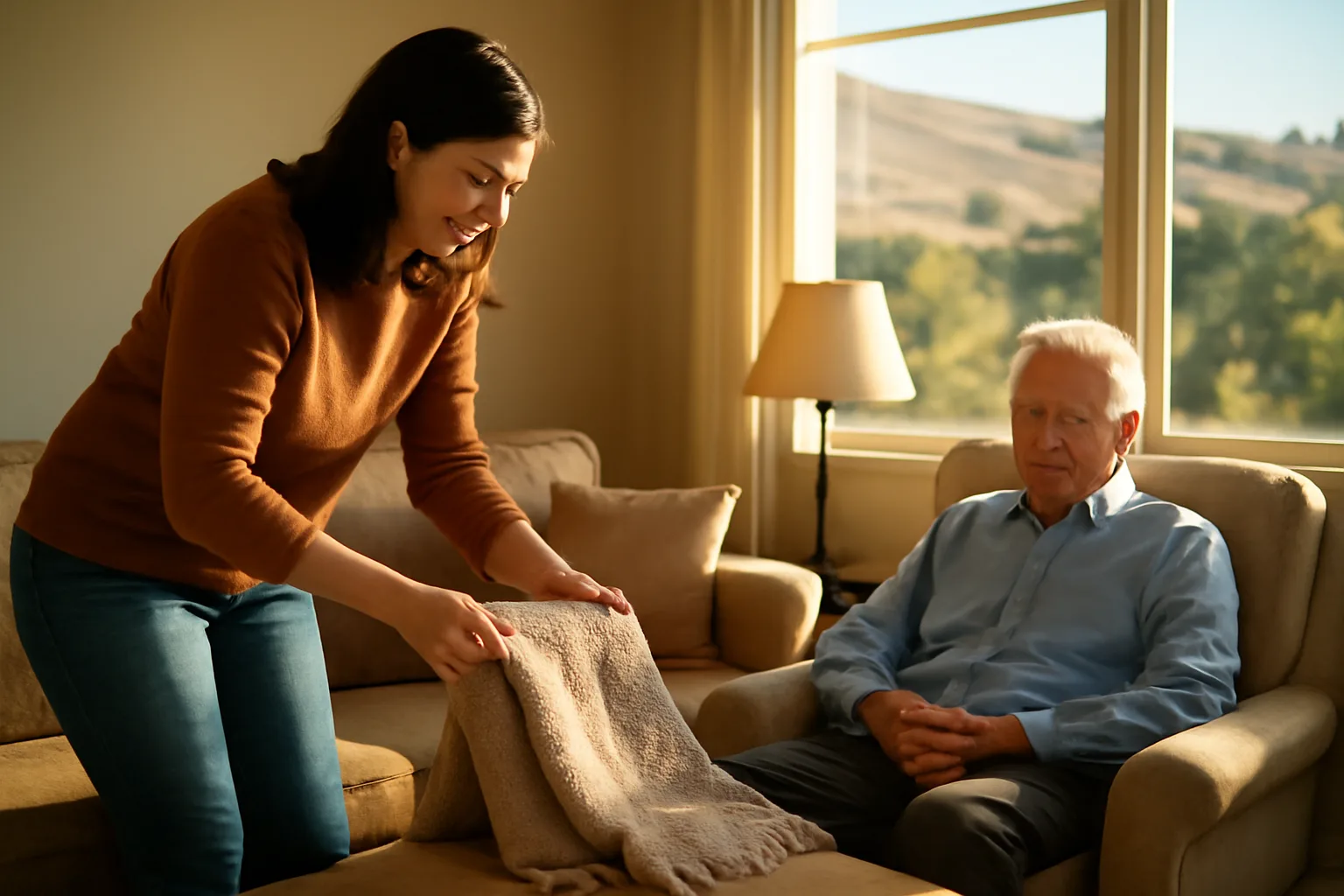 Caregiver folding a throw beside an older adult in Boise