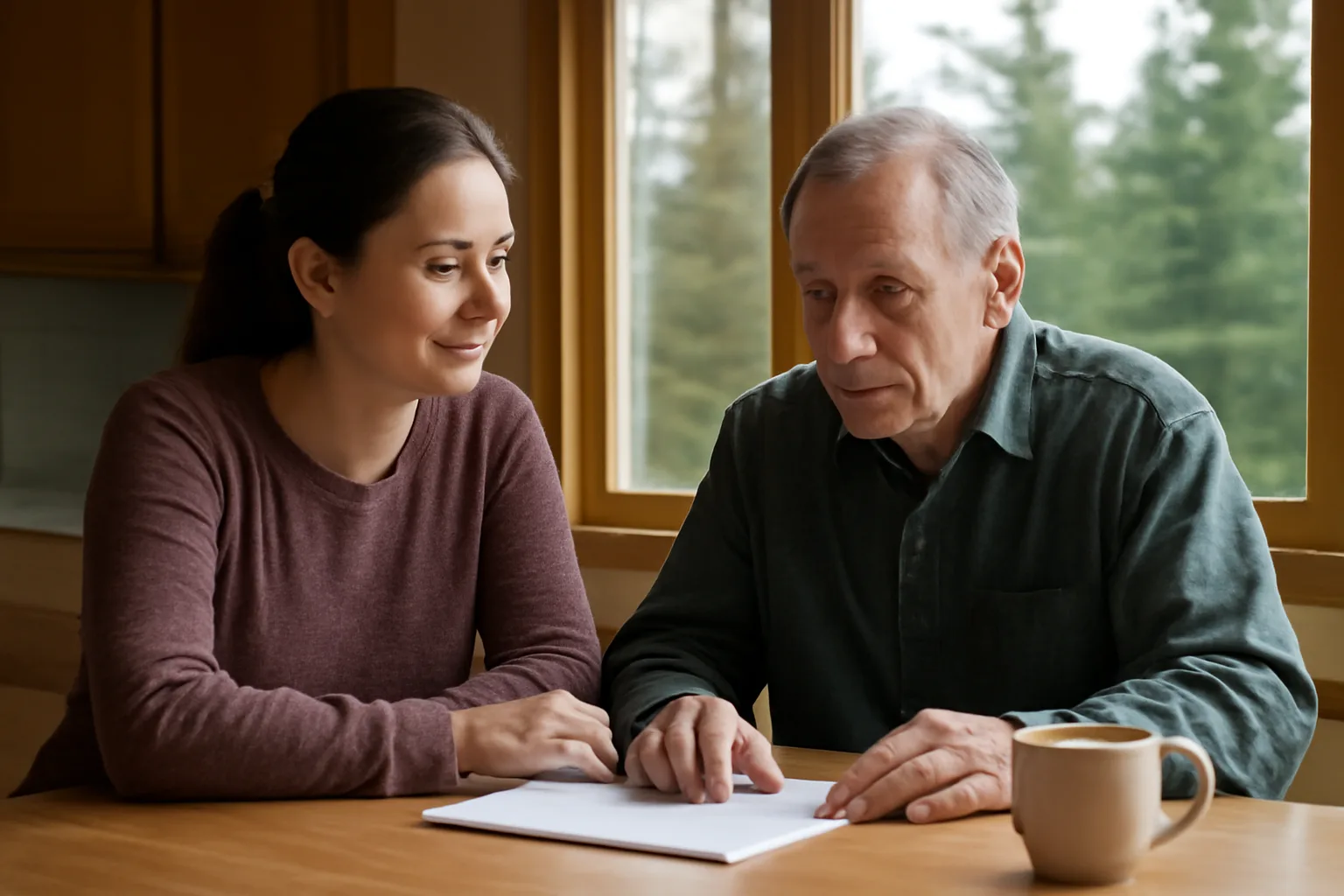 Respite provider and client at kitchen table in an Alaska home with morning light