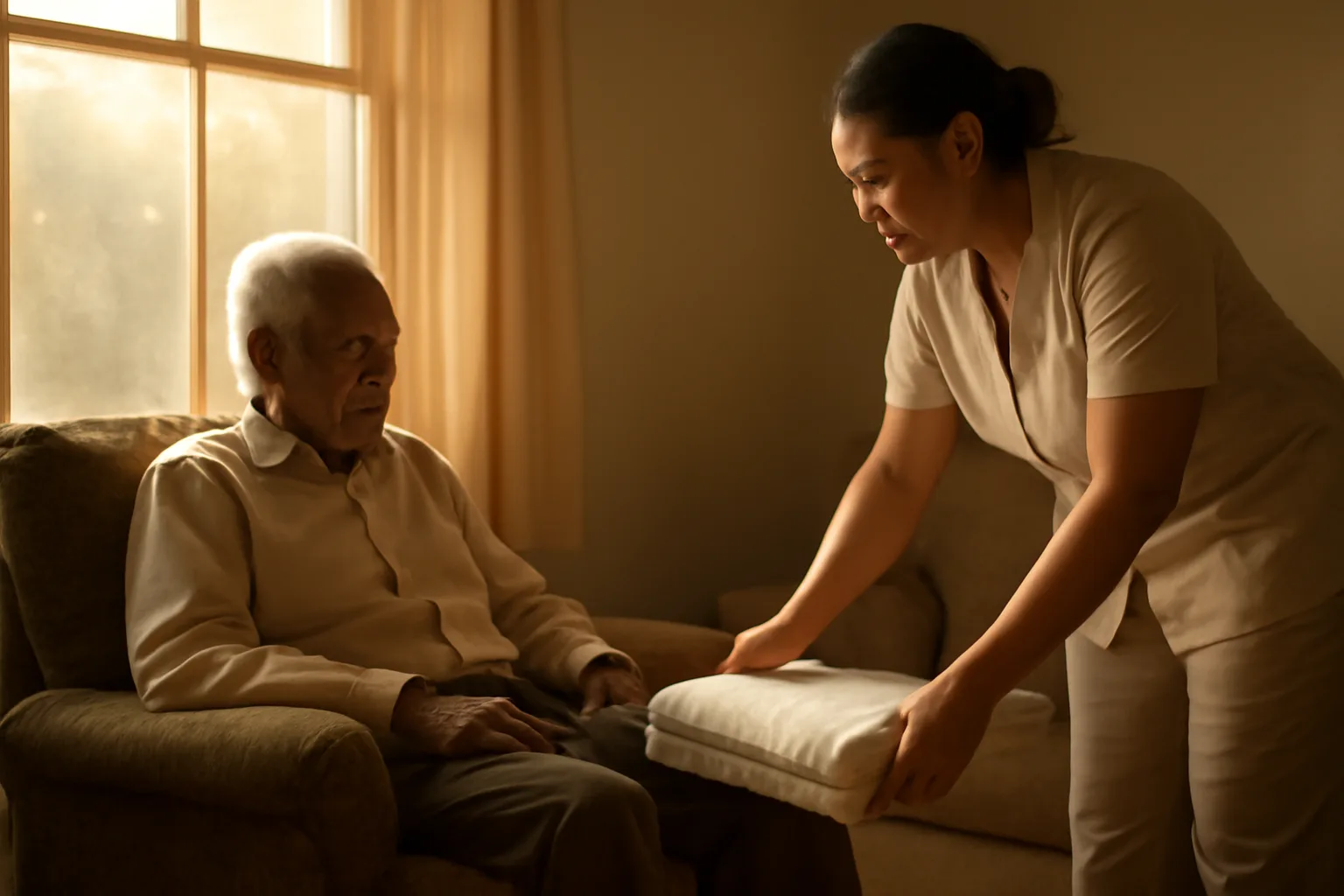 Caregiver offering in-home respite in an Arkansas living room