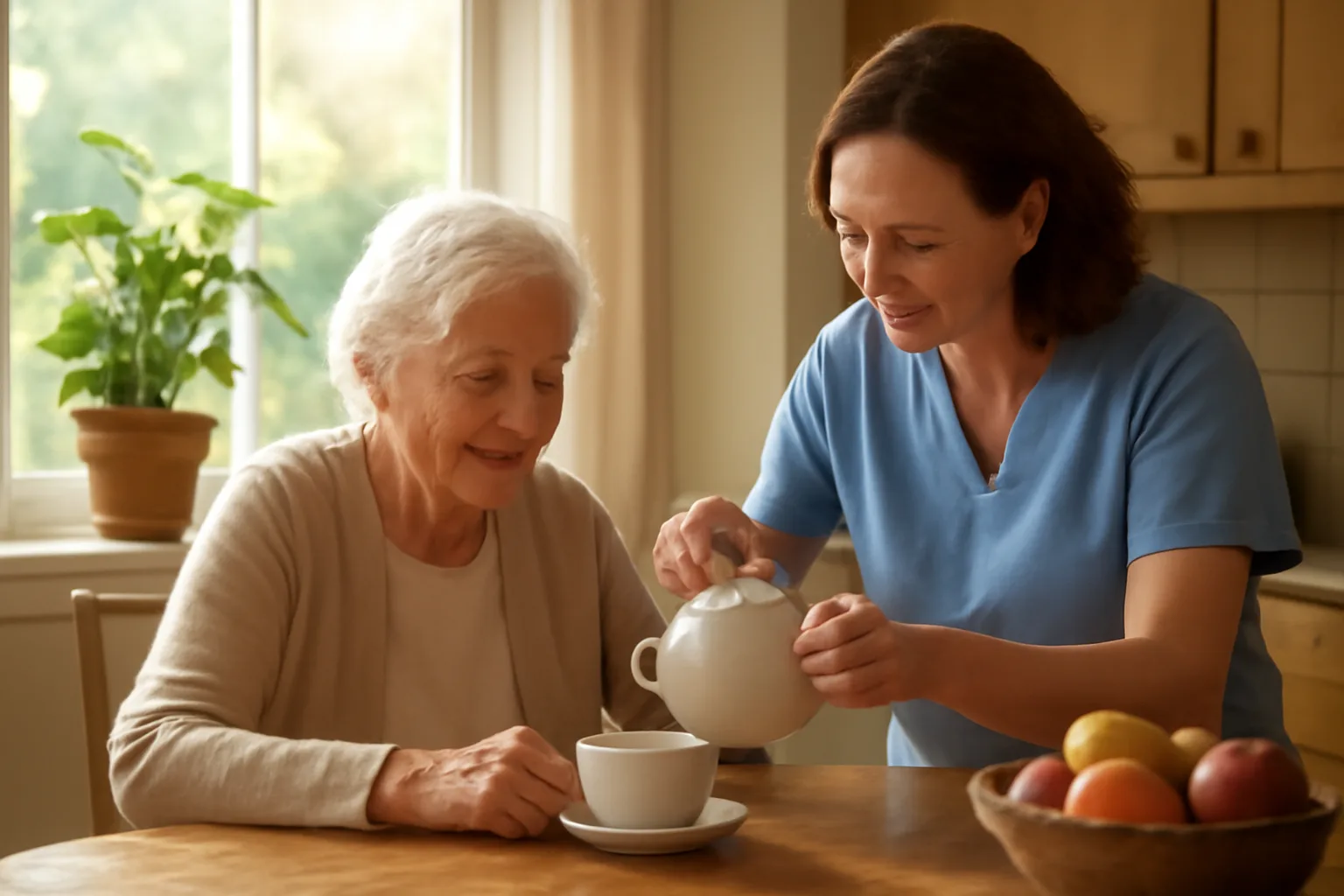 Respite caregiver pouring tea for an older woman in a Sacramento kitchen
