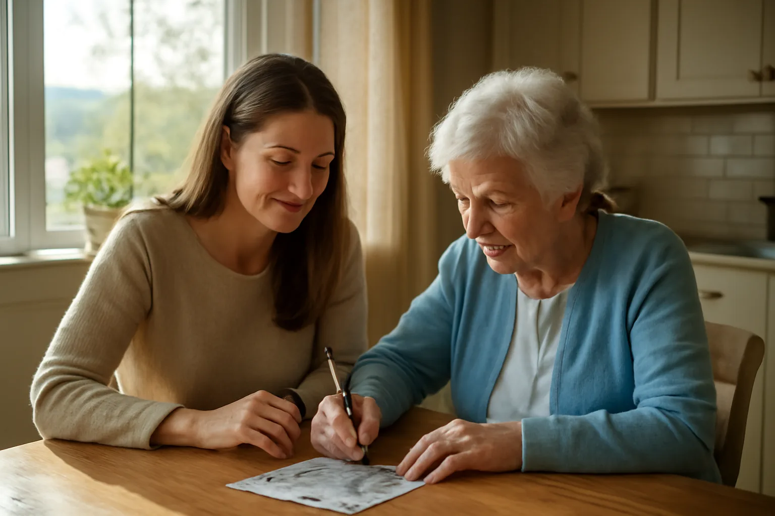 Caregiver and elderly woman at a sunlit kitchen table, respite care setting in Colorado