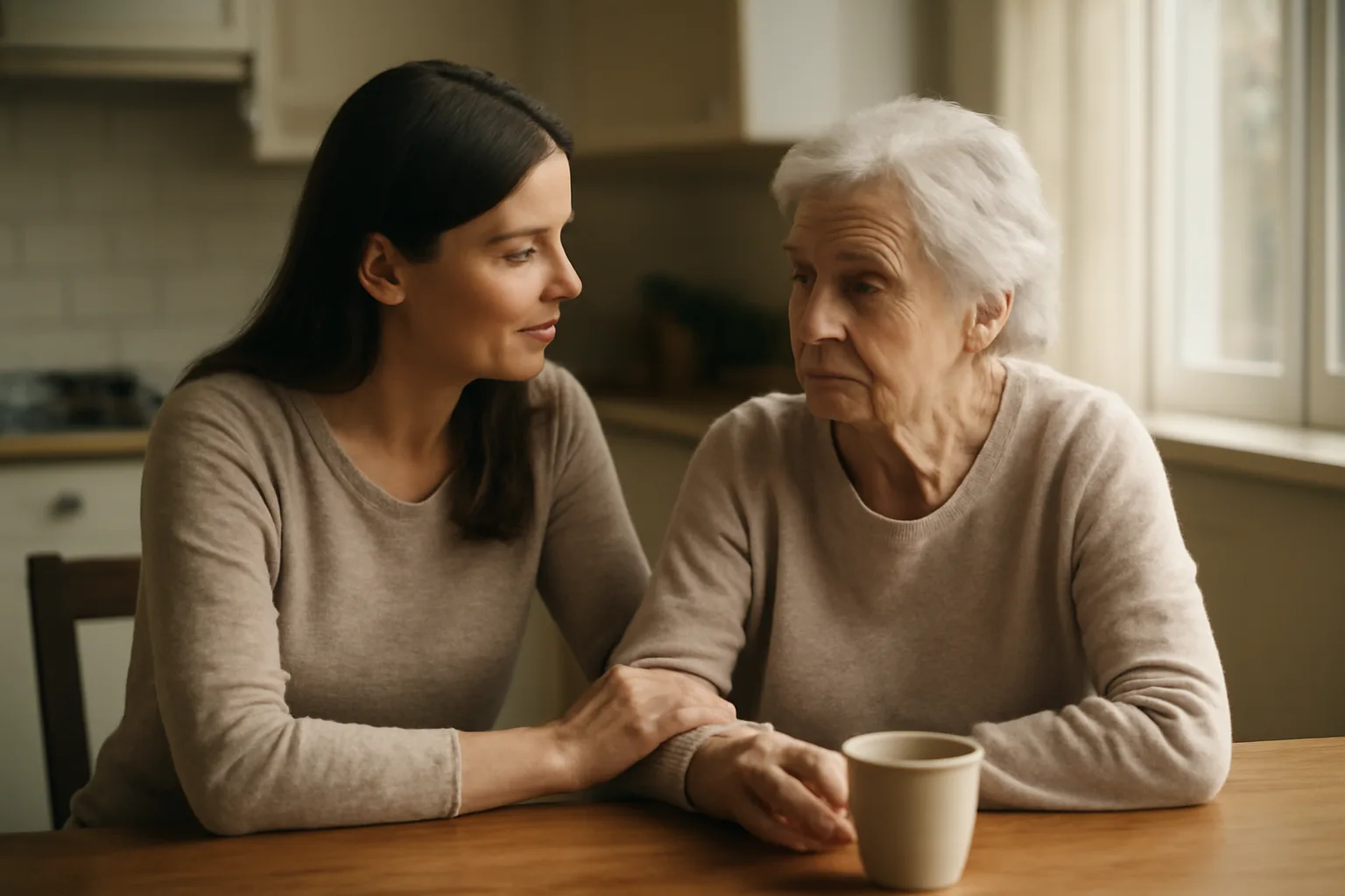 Caregiver and elderly person at kitchen table during a respite session in Delaware