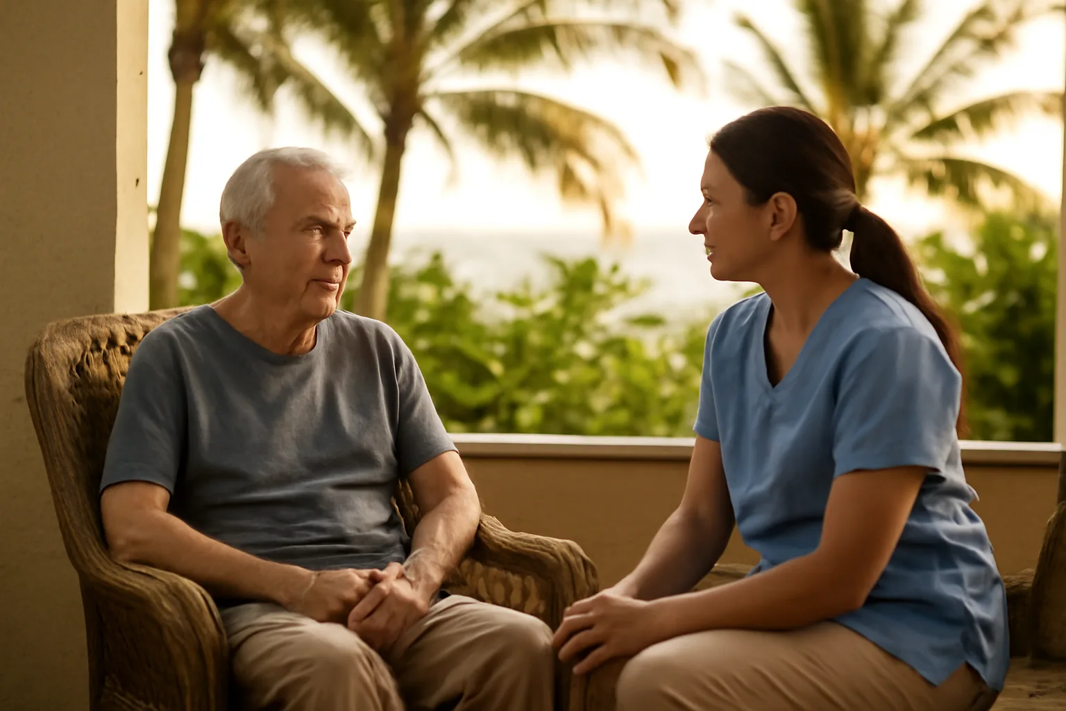 Caregiver and older adult on a Honolulu lanai during respite