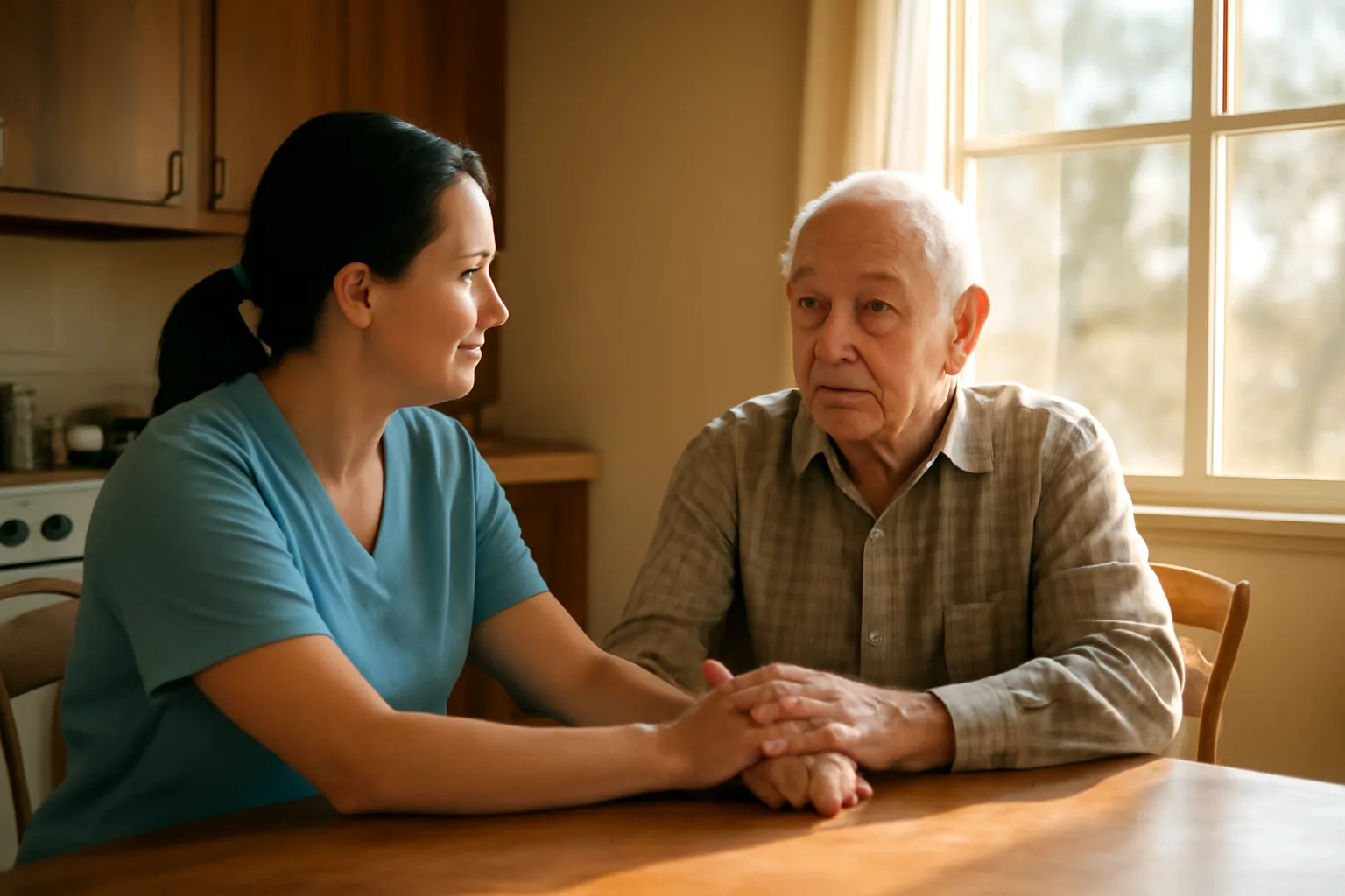 Caregiver and elderly man at a sunlit kitchen table, Colorado home setting