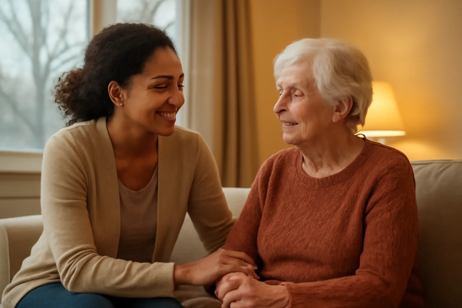 Caregiver sitting with elderly woman in a Connecticut home living room