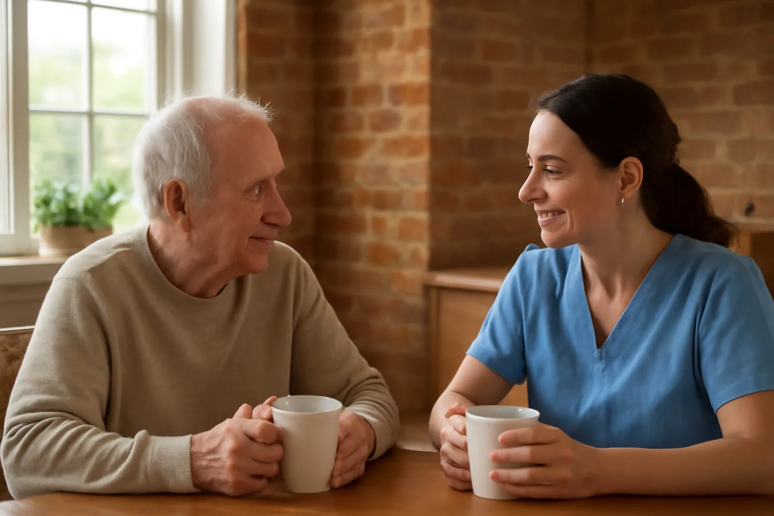 Caregiver offering respite support in a quiet Delaware kitchen