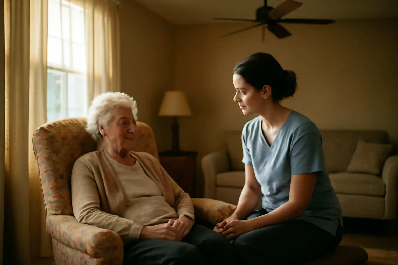 Respite caregiver sitting with an older adult in a Florida home