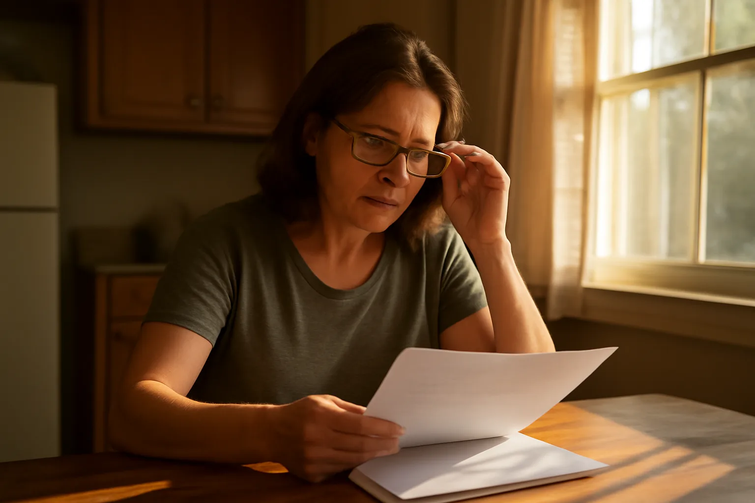 Woman reviewing respite provider enrollment paperwork at a sunlit kitchen table in Alabama