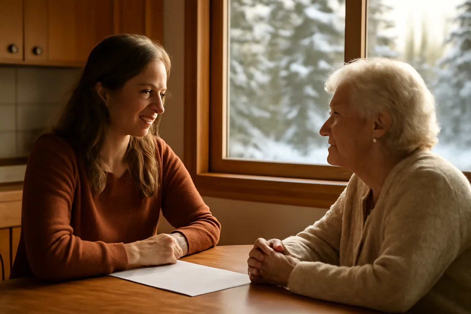 Respite care worker and elderly client at a rural Alaska kitchen table