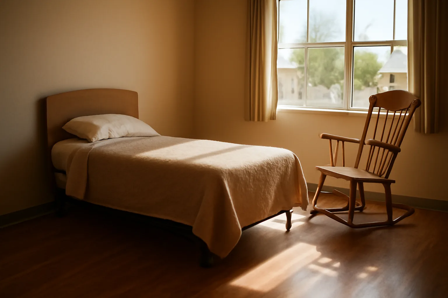A sunlit adult foster care home bedroom in Arizona, calm and empty.