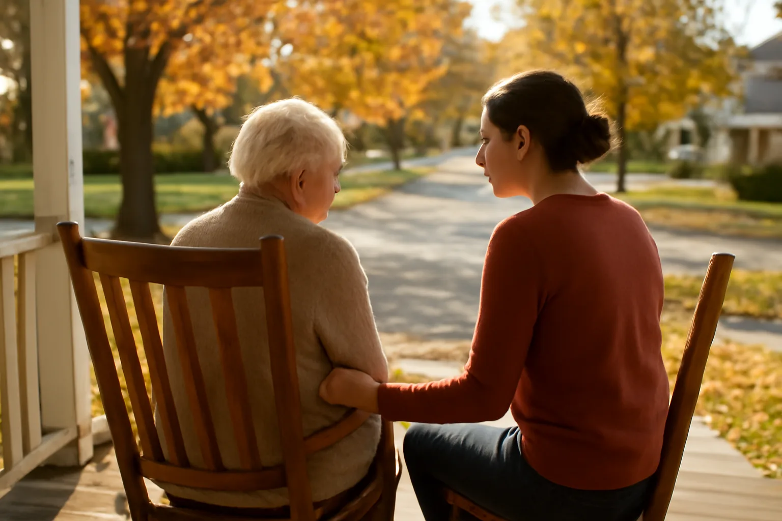 Caregiver and elderly client on a sunlit porch, respite care setting in Connecticut