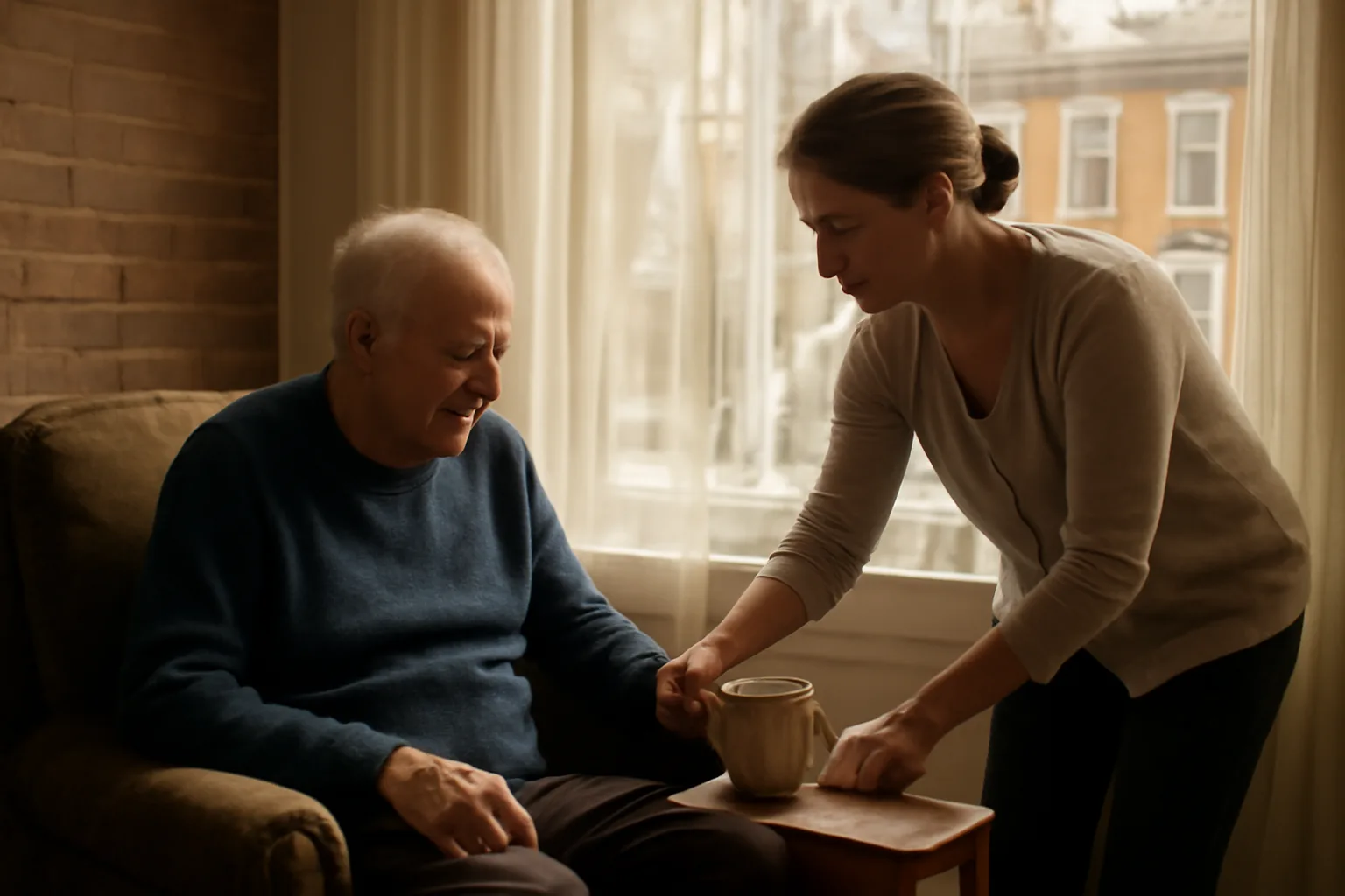 Caregiver and older adult in a Wilmington living room during morning respite