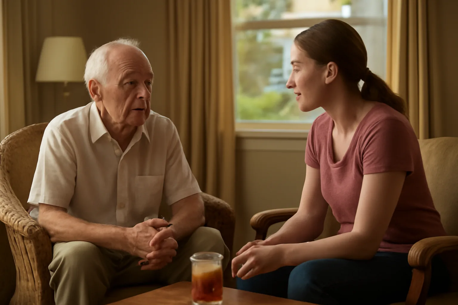 Caregiver and older man sitting in a Florida bungalow living room