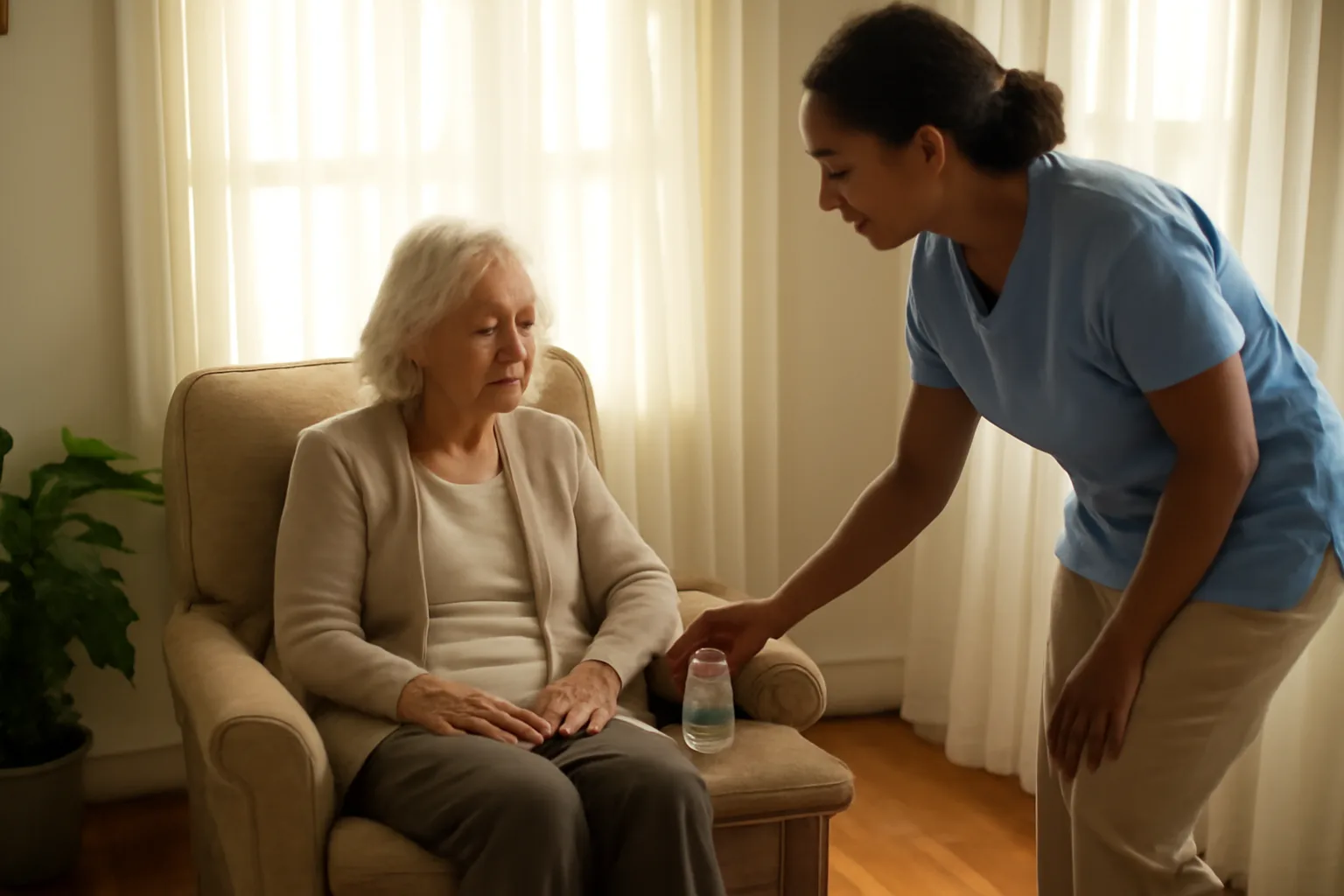 Caregiver offering in-home respite to an older adult in Georgia