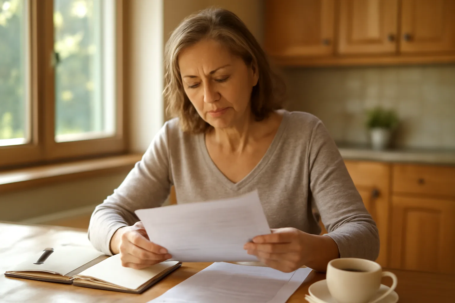 Woman reviewing respite provider renewal documents at a kitchen table in Connecticut