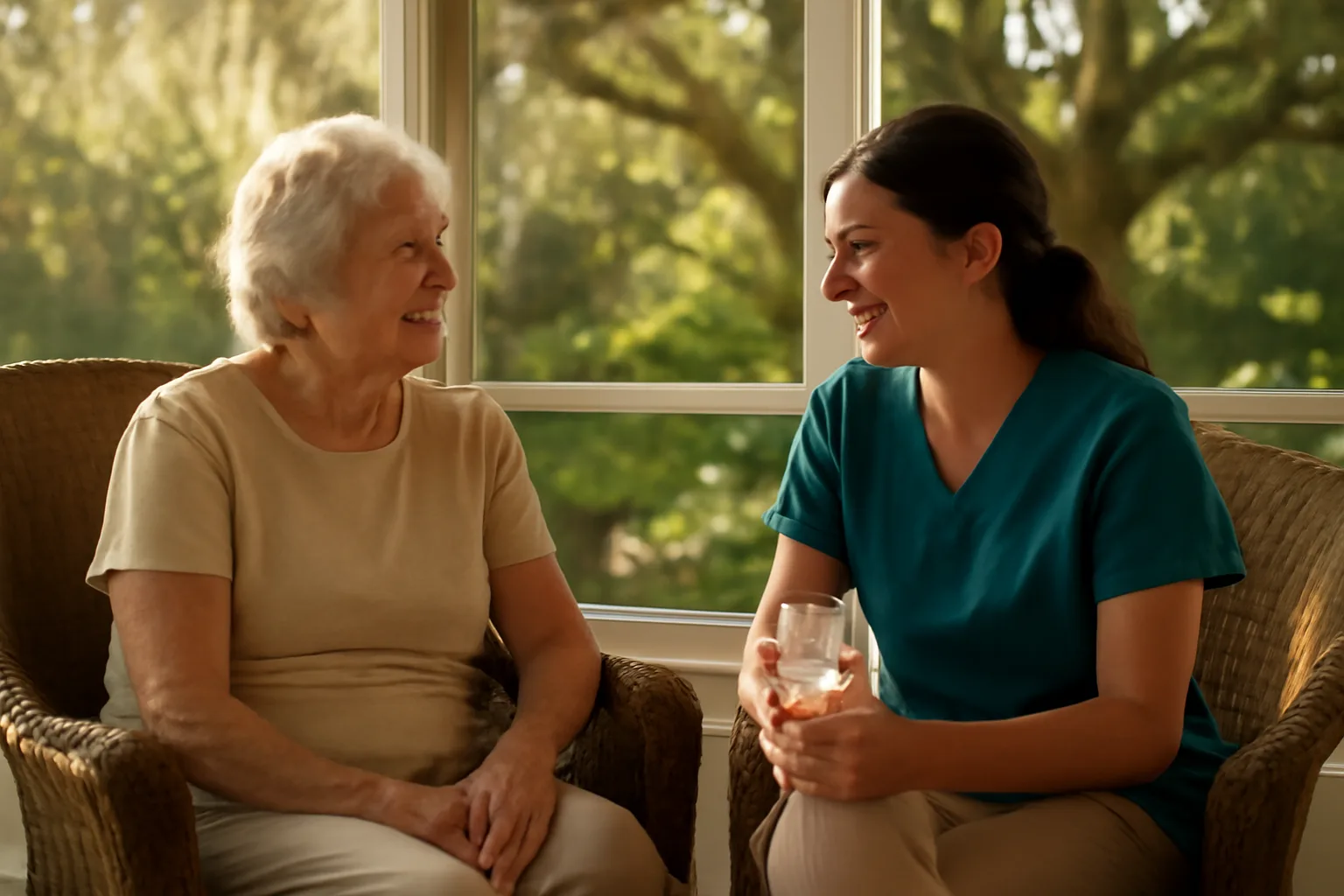 Caregiver providing in-home respite on a shaded Florida porch