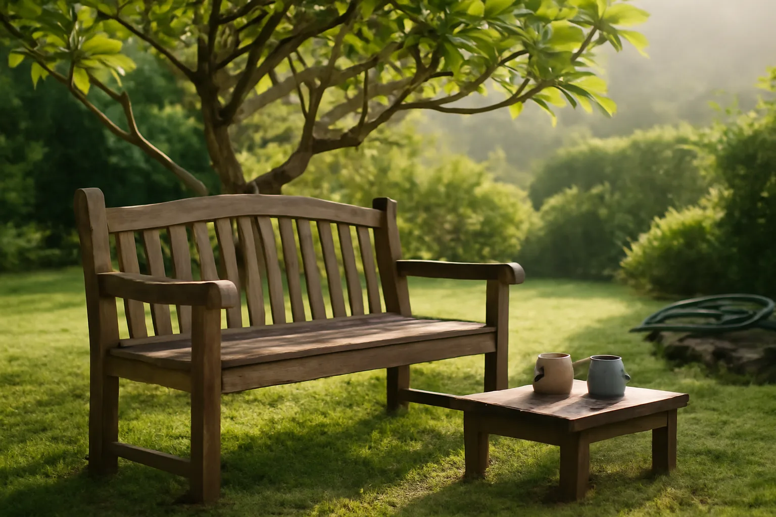 Manoa backyard bench in morning light for Hawaii respite renewal